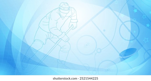 Fondo temático de hockey en azul. Ilustración digital con un jugador de hockey sobre el hielo, sosteniendo un palo y preparándose para disparar el disco. El fondo tiene Formas abstractas con líneas.