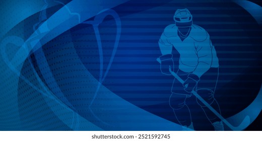 Hockey themed background in blue. Digital art piece featuring a hockey player on ice, with abstract shapes and lines surrounding the player.