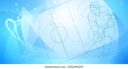 Hockey themed background in blue. Digital illustration featuring a hockey player on the ice, with a trophy and a starry background.