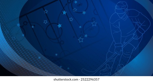 Hockey themed background in blue. Digital illustration featuring a hockey player on the ice, surrounded by a starry night sky and a blue rink with white lines.