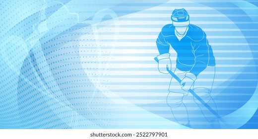 Hockey themed background in blue. Digital illustration featuring a hockey player on the ice, with a dotted background that suggests motion and speed.