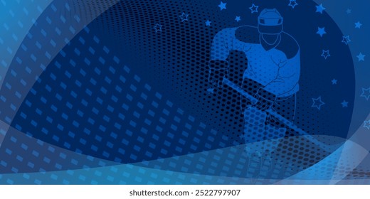 Hockey themed background in blue. Digital illustration featuring a hockey player on ice, surrounded by stars and a dotted patterns.