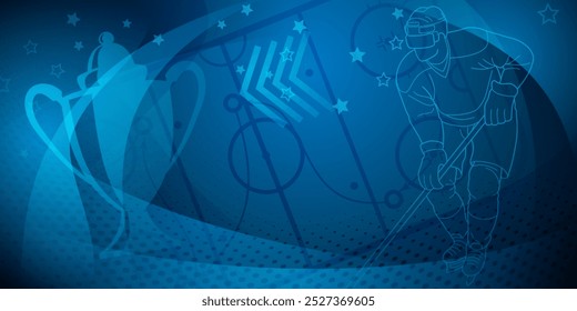 Hóquei fundo temático em azul. Peça de arte digital com um jogador de hóquei no gelo, rodeado por elementos abstratos azuis e brancos que se assemelham a estrelas e um troféu.