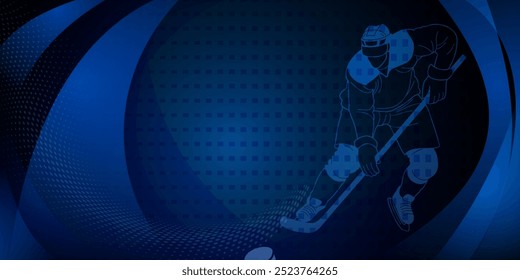 Hockey themed background. Digital art piece featuring a hockey player in action, with a dark background and a blue-toned color scheme.