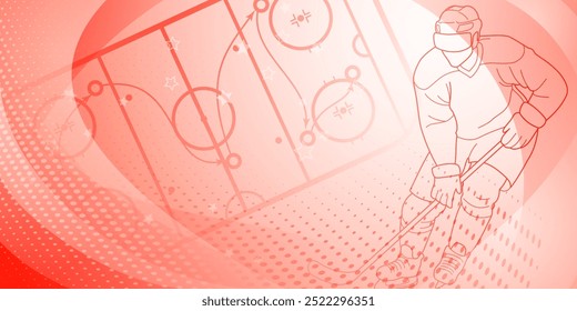 Hockey themed background. Digital illustration featuring a hockey player on the ice, with a red and white color scheme.