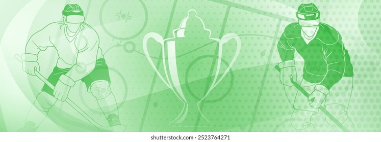 Hockey themed background. Digital illustration featuring two athletes and a trophy, set against a green background with abstract shapes and patterns.