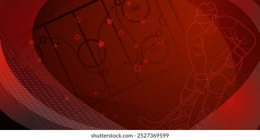 Hockey themed background. Digital illustration featuring a hockey player on the ice, with a red and black color scheme.