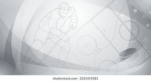 Fondo temático de hockey en gris. Ilustración en blanco y negro de un jugador de hockey sobre el hielo, sosteniendo un palo y preparándose para disparar el disco.