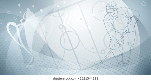 Fondo temático de hockey en gris. Ilustración en blanco y negro de un jugador de hockey sobre el hielo, sosteniendo un palo, con un trofeo en el fondo.