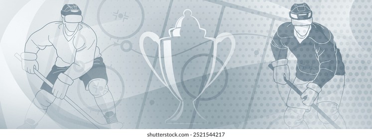 Hockey themed background in gray. Digital illustration featuring two hockey players, one on each side of the frame, with a trophy in the center. The background has a patterned design.