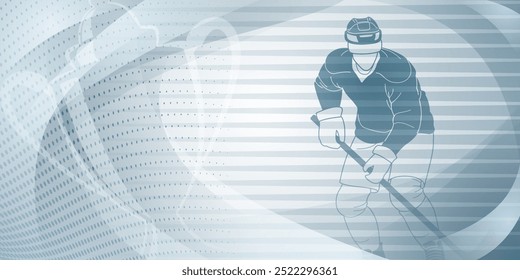 Hockey themed background in gray. Digital illustration featuring a hockey player in mid-action, with the dotted background to emphasize the athlete.