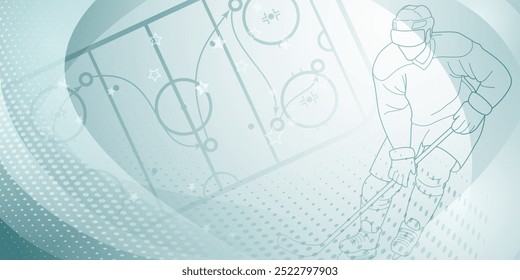 Hockey themed background in gray. Digital illustration featuring a hockey player on the ice, with a dotted background that includes elements of a hockey rink.