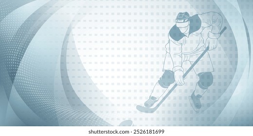 Hockey themed background in gray. Digital illustration featuring a hockey player in mid-action, with a dotted background that suggests movement and speed.