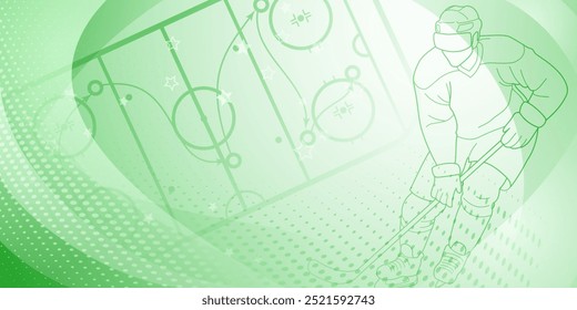 Hockey themed background in green. Digital illustration featuring a hockey player on the ice, with a dotted background.