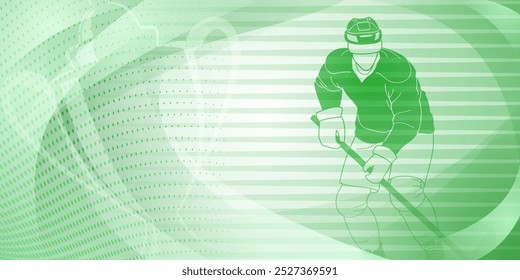 Hockey themed background in green. Digital illustration featuring a hockey player in mid-action, with a dotted background that suggests movement and speed.