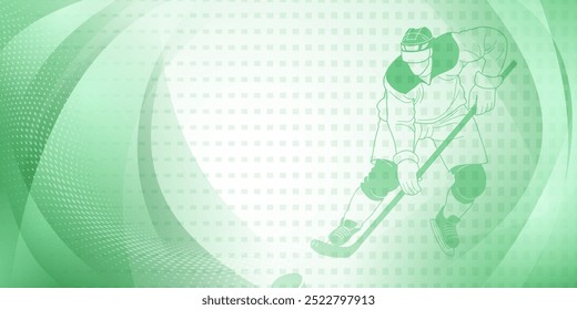 Fondo temático de hockey en verde. Jugador de hockey patinando sobre el hielo con un palo en la mano. El fondo es un desenfoque de colores verdes y blancos.