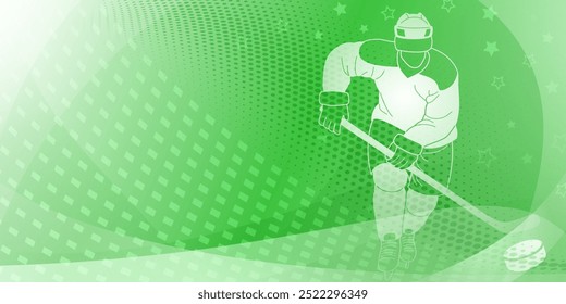 Hockey themed background in green. Stylized graphic with a hockey player holding a stick and a puck, set against a green background with a stars and dots.