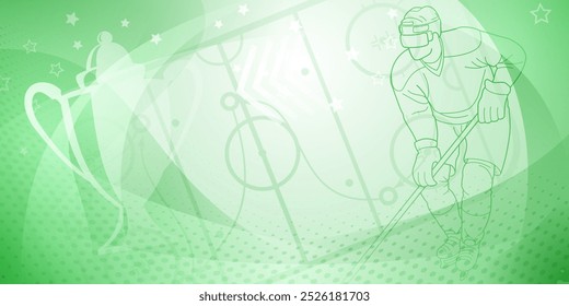 Hockey themed background in green. Stylized illustration featuring a hockey player holding a stick, with a trophy and stars in the background.