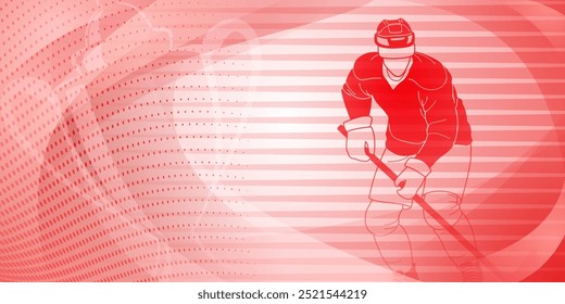 Fondo temático de hockey en rojo. Ilustración digital con un jugador masculino de hockey sobre hielo en mitad de la acción, sosteniendo un palo, sobre un fondo punteado con Formas abstractas.