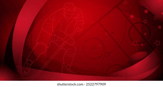 Hockey themed background in red. Digital illustration featuring a hockey player on the ice.