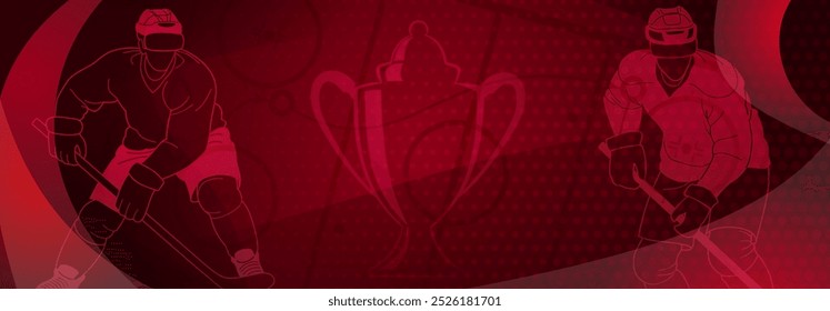 Hockey themed background in red. Digital artwork featuring two hockey players on the ice and cup.