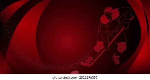 Hockey themed background in red. Stylized graphic with a hockey player in the center, surrounded by abstract shapes and dots.