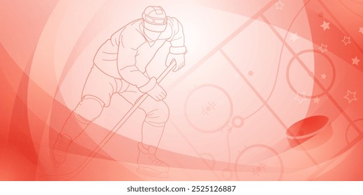 Hockey themed background in red. Stylized illustration of a hockey player on the ice, with abstract shapes surrounding him.