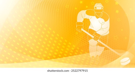 Hockey themed background. Stylized illustration featuring a hockey player holding a stick and a puck, set against a yellow background with a stars.