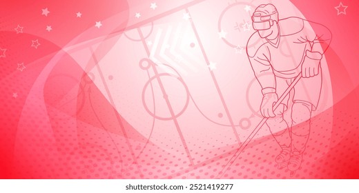 Hockey themed background. Vibrant red and pink illustration featuring a hockey player on the ice, surrounded by stars and a dots.