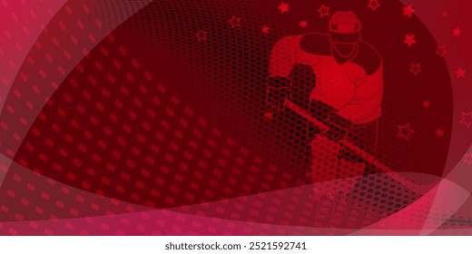 Hockey themed background. Vibrant red and black graphic with a hockey player in the center, surrounded by dots and stars.