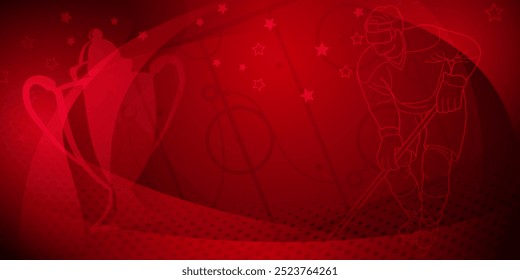 Hockey themed background. Vibrant red illustration with a hockey player and a trophy.