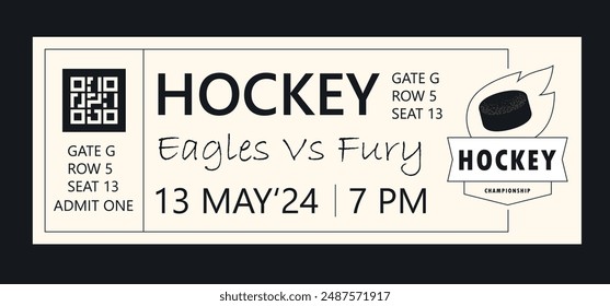 Hockey torn-off ticket template. Vector illustration of entrance ticket for hockey play. Modern linear badge design with ball. Editable stroke.