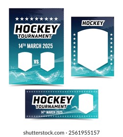 Hockey Tournament banner and player card ticket blue vector design template layout set with copy space for league team logo