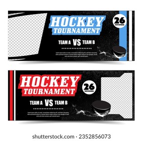 Hockey Tournament banner ticket vector design template layout set with copy space for picture