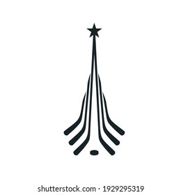 Hockey tournament emblem logo icon sign Hockey stick puck star tower symbol emblem Cartoon abstract style design Fashion print clothes apparel greeting card cover flyer poster banner