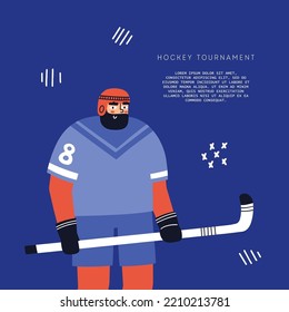 Hockey tournament flyer with a player. Hand drawn vector illustration.