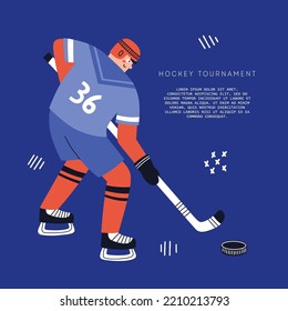 Hockey tournament flyer with a player. Hand drawn vector illustration.