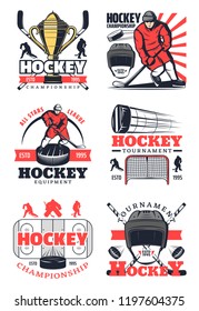 Hockey tournament icons of sport equipment, sporting signs. Gold trophy cup and player, puck and gates, ice rink and helmet retro symbols for professional sportsmen on skate, winter sport game vector