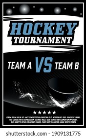 Hockey Tournament  poster vector design with a puck spinning on ice 