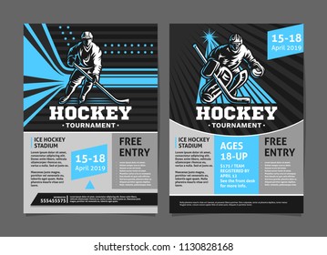 Hockey tournament posters, flyer with hockey player and goalie - template vector design