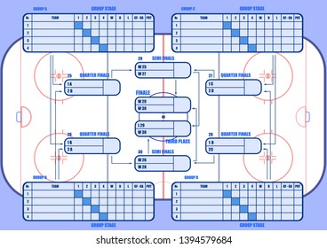  Hockey tournament table on the background of a hockey field.16 hockey teams.hockey arena with markings.vector image