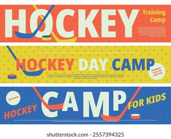 Hockey training camp for kids advertising banner design template set vector flat illustration. Team sport game league childish speed skate tournament announcement promo with stick puck