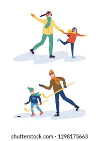 Hockey training of father and son, mother with kid vector. Mom skating with daughter, family time spent in winter season. People outdoors playing