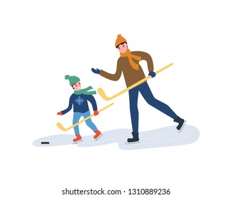 Hockey training, father with son playing in winter season vector. Seasonal game for men, people with wooden sticks skating on ice rink, pulling puck