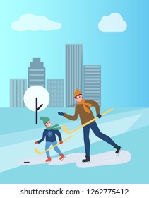 Hockey training of man and child, father and son vector. People spending time outdoors, daddy teaches child winter sports, hobby practicing outdoors