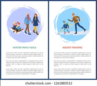 Hockey training and winter walks with children sitting on sledges vector. Parents with kids, father and son with wooden sticks on ice, skating sleds