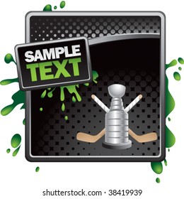 hockey trophy and sticks on black halftone grungy template