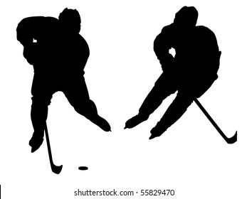 Hockey. Two players with sticks and a washer. The silhouette. The graphics.