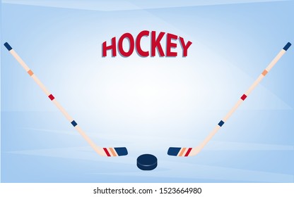 Hockey. Two hockey sticks and puck - abstract blue background - illustration, vector. Winter sports.