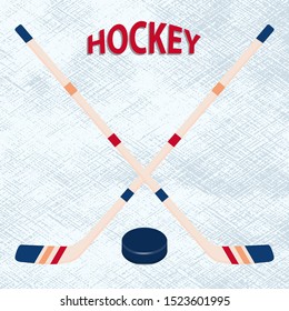 Hockey. Two hockey sticks and puck - isolated on abstract light background - vector. Winter sport